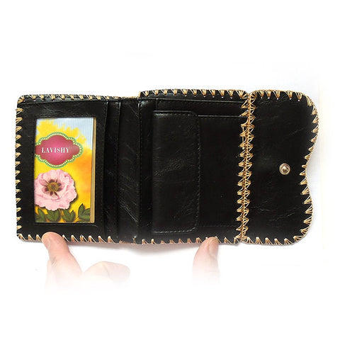 embroidered morning glory vegan medium wallet for women, this Eco-friendly, ethically made, cruelty free wallet's lovely embroidery motif is framed by decorative stitches around the edge. Wholesale at www.lavishy.com with unique & fun fashion accessories for gift shop, boutique & corporate buyers.