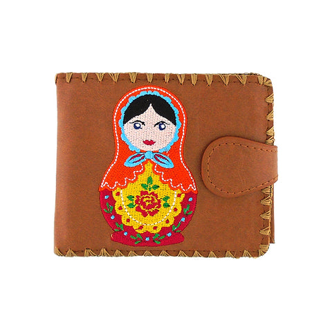 LAVISHY Eco-friendly bohemian style embroidered Ukrainian nesting doll embroidered vegan bifold medium wallet for women. This brown wallet is great for everyday use, lovely gift idea for family & friends especially for people who love Ukraine. Online shopping at LAVISHY BOUTIQUE. Wholesale at www.lavishy.com