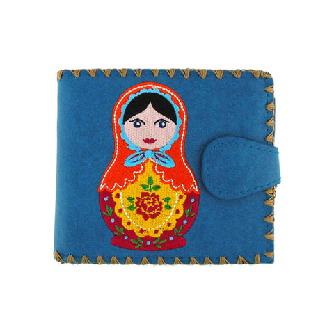 LAVISHY Eco-friendly bohemian style embroidered Ukrainian nesting doll embroidered vegan bifold medium wallet for women. This blue wallet is great for everyday use, lovely gift idea for family & friends especially for people who love Ukraine. Online shopping at LAVISHY BOUTIQUE. Wholesale at www.lavishy.com
