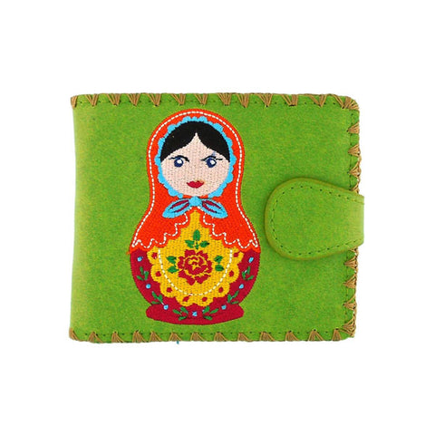 LAVISHY Eco-friendly bohemian style embroidered Ukrainian nesting doll embroidered vegan bifold medium wallet for women. This green wallet is great for everyday use, lovely gift idea for family & friends especially for people who love Ukraine. Online shopping at LAVISHY BOUTIQUE. Wholesale at www.lavishy.com