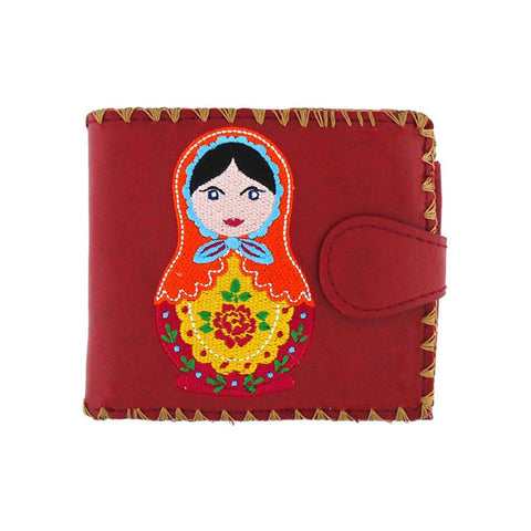 LAVISHY Eco-friendly bohemian style embroidered Ukrainian nesting doll embroidered vegan bifold medium wallet for women. This red wallet is great for everyday use, lovely gift idea for family & friends especially for people who love Ukraine. Online shopping at LAVISHY BOUTIQUE. Wholesale at www.lavishy.com
