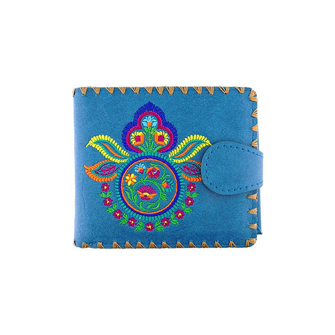 LAVISHY Eco-friendly bohemian style Indian mandala pattern embroidered vegan bifold medium wallet for women. This blue wallet is great for everyday use, lovely gift idea for family & friends especially for people who love India & Indian culture. Online shopping at LAVISHY BOUTIQUE. Wholesale at www.lavishy.com