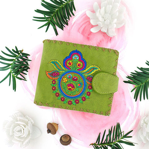 LAVISHY Eco-friendly bohemian style Indian mandala pattern embroidered vegan bifold medium wallet for women. This green wallet is great for everyday use, lovely gift idea for family & friends especially for people who love India & Indian culture. Online shopping at LAVISHY BOUTIQUE. Wholesale at www.lavishy.com