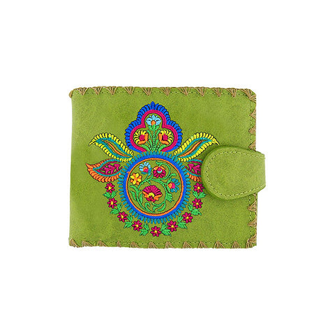 LAVISHY Eco-friendly bohemian style Indian mandala pattern embroidered vegan bifold medium wallet for women. This green wallet is great for everyday use, lovely gift idea for family & friends especially for people who love India & Indian culture. Online shopping at LAVISHY BOUTIQUE. Wholesale at www.lavishy.com