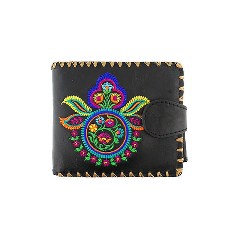 LAVISHY Eco-friendly bohemian style Indian mandala pattern embroidered vegan bifold medium wallet for women. This black wallet is great for everyday use, lovely gift idea for family & friends especially for people who love India & Indian culture. Online shopping at LAVISHY BOUTIQUE. Wholesale at www.lavishy.com