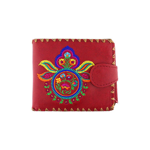 LAVISHY Eco-friendly bohemian style Indian mandala pattern embroidered vegan bifold medium wallet for women. This red wallet is great for everyday use, lovely gift idea for family & friends especially for people who love India & Indian culture. Online shopping at LAVISHY BOUTIQUE. Wholesale at www.lavishy.com
