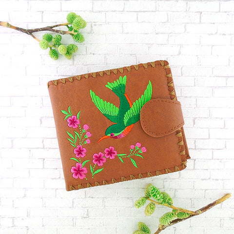 LAVISHY embroidered hummingbird vegan bifold medium wallet for women