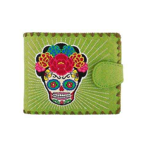 LAVISHY embroidered sugar skull vegan bifold medium wallet for women