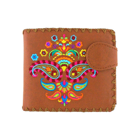 LAVISHY Eco-friendly bohemian style Indian paisley pattern embroidered vegan bifold medium wallet for women. This brown wallet is great for everyday use, lovely gift idea for family & friends especially for people who love India & Indian culture. Wholesale at www.lavishy.com