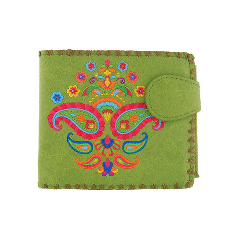 LAVISHY Eco-friendly bohemian style Indian paisley pattern embroidered vegan bifold medium wallet for women. This green wallet is great for everyday use, lovely gift idea for family & friends especially for people who love India & Indian culture. Wholesale at www.lavishy.com
