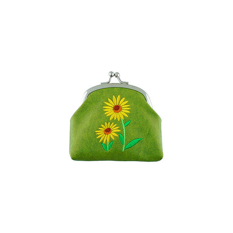 Online shopping for vegan brand LAVISHY's sunflower embroidered kiss lock frame vegan coin purse that is Eco-friendly, ethically made, cruelty free. Great for everyday use or a gift for your family & friends. Wholesale at www.lavishy.com to gift shops, fashion accessories & clothing boutiques worldwide since 2001.