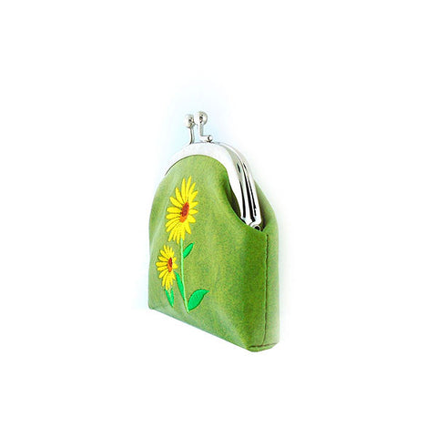 Online shopping for vegan brand LAVISHY's sunflower embroidered kiss lock frame vegan coin purse that is Eco-friendly, ethically made, cruelty free. Great for everyday use or a gift for your family & friends. Wholesale at www.lavishy.com to gift shops, fashion accessories & clothing boutiques worldwide since 2001.