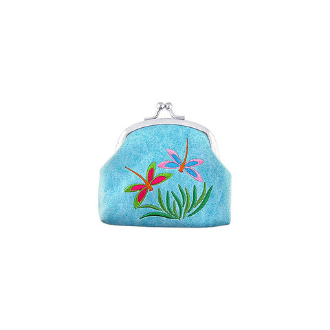 Online shopping for vegan brand LAVISHY's dragonfly embroidered kiss lock frame vegan coin purse that is Eco-friendly, ethically made, cruelty free. Great for everyday use or a gift for your family & friends. Wholesale at www.lavishy.com to gift shops, fashion accessories & clothing boutiques worldwide since 2001.