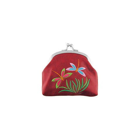 Online shopping for vegan brand LAVISHY's dragonfly embroidered kiss lock frame vegan coin purse that is Eco-friendly, ethically made, cruelty free. Great for everyday use or a gift for your family & friends. Wholesale at www.lavishy.com to gift shops, fashion accessories & clothing boutiques worldwide since 2001.