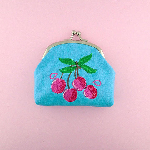 Online shopping for vegan brand LAVISHY's cherry embroidered kiss lock frame vegan coin purse that is Eco-friendly, ethically made, cruelty free. Great for everyday use or a gift for your family & friends. Wholesale at www.lavishy.com to gift shops, fashion accessories & clothing boutiques worldwide since 2001.