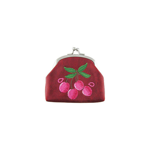 Online shopping for vegan brand LAVISHY's cherry embroidered kiss lock frame vegan coin purse that is Eco-friendly, ethically made, cruelty free. Great for everyday use or a gift for your family & friends. Wholesale at www.lavishy.com to gift shops, fashion accessories & clothing boutiques worldwide since 2001.
