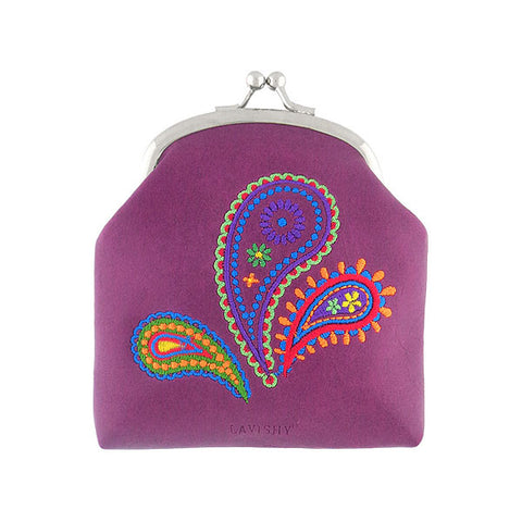 Online shopping for LAVISHY  Indian style paisley pattern embroidered kiss lock frame vegan coin purse that is Eco-friendly, ethically made, cruelty free. Great for everyday use or a gift for your family & friends. Wholesale at www.lavishy.com to gift shops, fashion accessories & clothing boutiques worldwide since 2001.