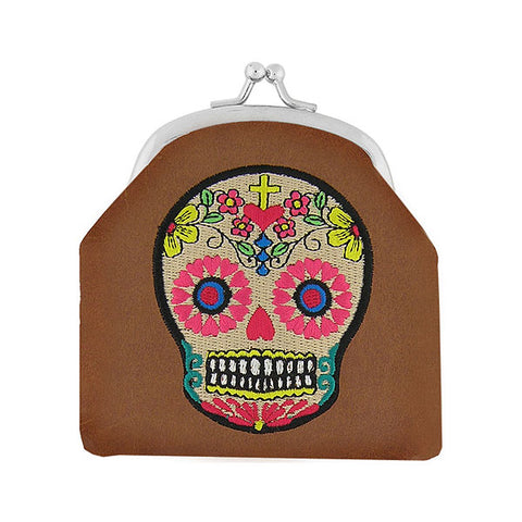 Online shopping for LAVISHY  tattoo style sugar skull & swallow bird embroidered kiss lock frame vegan coin purse that is Eco-friendly, ethically made, cruelty free. Great for everyday use or a gift for your family & friends. Wholesale at www.lavishy.com to gift shops, fashion accessories & clothing boutiques worldwide since 2001.