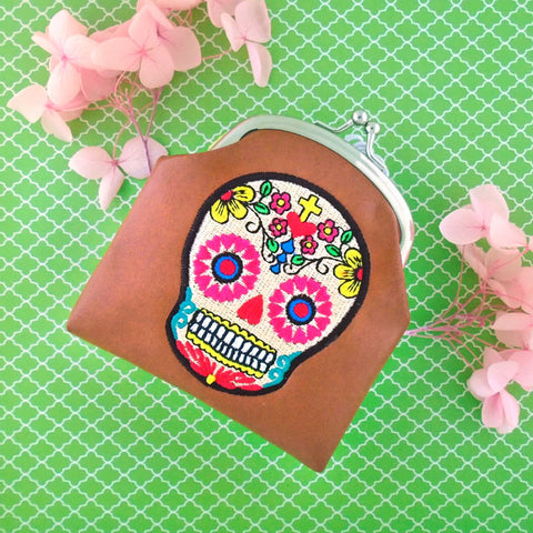 Online shopping for LAVISHY  tattoo style sugar skull & swallow bird embroidered kiss lock frame vegan coin purse that is Eco-friendly, ethically made, cruelty free. Great for everyday use or a gift for your family & friends. Wholesale at www.lavishy.com to gift shops, fashion accessories & clothing boutiques worldwide since 2001.