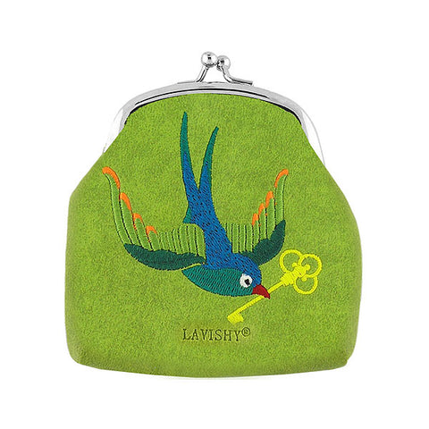 Online shopping for LAVISHY  tattoo style swallow bird with golden key embroidered kiss lock frame vegan coin purse that is Eco-friendly, ethically made, cruelty free. Great for everyday use or a gift for your family & friends. Wholesale at www.lavishy.com to gift shops, fashion accessories & clothing boutiques worldwide since 2001.
