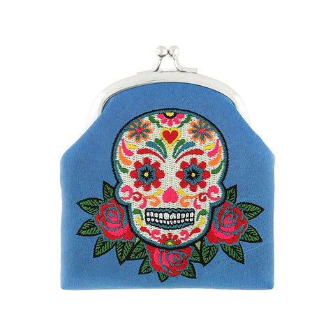 Online shopping for vegan brand LAVISHY's tattoo style sugar skull and red rose flower embroidered kiss lock frame vegan coin purse that is Eco-friendly, ethically made, cruelty free. Great for everyday use or a gift for your family & friends. Wholesale at www.lavishy.com to gift shops, fashion accessories & clothing boutiques worldwide since 2001.
