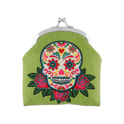 Online shopping for vegan brand LAVISHY's tattoo style sugar skull and red rose flower embroidered kiss lock frame vegan coin purse that is Eco-friendly, ethically made, cruelty free. Great for everyday use or a gift for your family & friends. Wholesale at www.lavishy.com to gift shops, fashion accessories & clothing boutiques worldwide since 2001.
