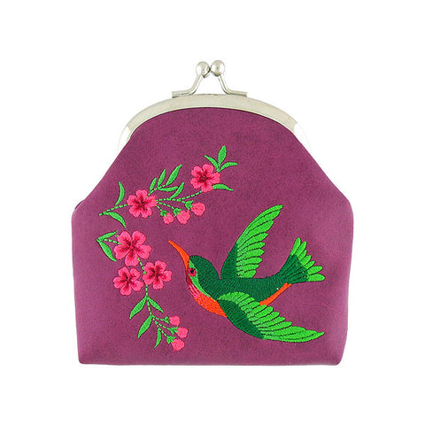 Online shopping for LAVISHY  hummingbird & flower embroidered kiss lock frame vegan coin purse that is Eco-friendly, ethically made, cruelty free. Great for everyday use or a gift for your family & friends. Wholesale at www.lavishy.com to gift shops, fashion accessories & clothing boutiques worldwide since 2001.
