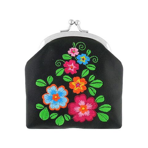 Online shopping for LAVISHY  colorful flower embroidered kiss lock frame vegan coin purse that is Eco-friendly, ethically made, cruelty free. Great for everyday use or a gift for your family & friends. Wholesale at www.lavishy.com to gift shops, fashion accessories & clothing boutiques worldwide since 2001.