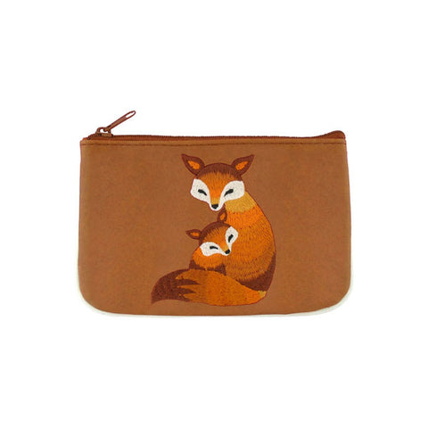 Online shopping for LAVISHY  fox mama & baby embroidered vegan small pouch/coin purse that is Eco-friendly, ethically made, cruelty free. Great for everyday use or a gift for your family & friends. Wholesale at www.lavishy.com to gift shops, fashion accessories & clothing boutiques worldwide since 2001.