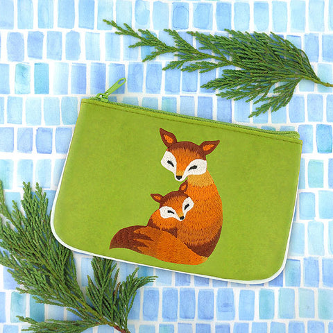 Online shopping for LAVISHY  fox mama & baby embroidered vegan small pouch/coin purse that is Eco-friendly, ethically made, cruelty free. Great for everyday use or a gift for your family & friends. Wholesale at www.lavishy.com to gift shops, fashion accessories & clothing boutiques worldwide since 2001.