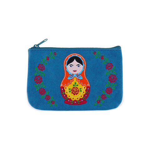 Online shopping for LAVISHY  Matryoshka doll embroidered vegan small pouch/coin purse that is Eco-friendly, ethically made, cruelty free. Great for everyday use or a gift for your family & friends. Wholesale at www.lavishy.com to gift shops, fashion accessories & clothing boutiques worldwide since 2001.