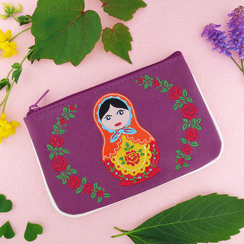 Online shopping for LAVISHY  Matryoshka doll embroidered vegan small pouch/coin purse that is Eco-friendly, ethically made, cruelty free. Great for everyday use or a gift for your family & friends. Wholesale at www.lavishy.com to gift shops, fashion accessories & clothing boutiques worldwide since 2001.