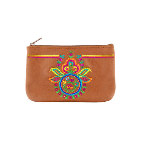 LAVISHY Indian medallion pattern embroidered vegan small pouch for women green