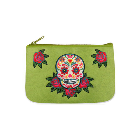 Online shopping for LAVISHY  Mexican day of the dead sugar skull & rose flower  embroidered vegan small pouch/coin purse that is Eco-friendly, ethically made, cruelty free. Great for everyday use or a gift for your family & friends. Wholesale at www.lavishy.com to gift shops, fashion accessories & clothing boutiques worldwide since 2001.