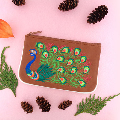Online shopping for LAVISHY  peacock embroidered vegan small pouch/coin purse that is Eco-friendly, ethically made, cruelty free. Great for everyday use or a gift for your family & friends. Wholesale at www.lavishy.com to gift shops, fashion accessories & clothing boutiques worldwide since 2001.