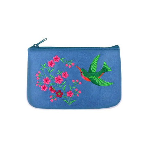 Online shopping for LAVISHY  hummingbird & cherry blossom flower embroidered vegan small pouch/coin purse that is Eco-friendly, ethically made, cruelty free. Great for everyday use or a gift for your family & friends. Wholesale at www.lavishy.com to gift shops, fashion accessories & clothing boutiques worldwide since 2001.