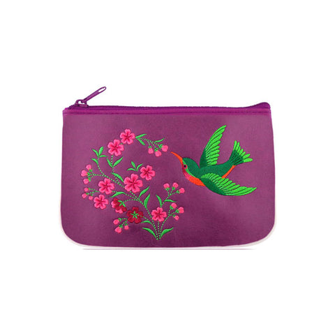 Online shopping for LAVISHY  hummingbird & cherry blossom flower embroidered vegan small pouch/coin purse that is Eco-friendly, ethically made, cruelty free. Great for everyday use or a gift for your family & friends. Wholesale at www.lavishy.com to gift shops, fashion accessories & clothing boutiques worldwide since 2001.