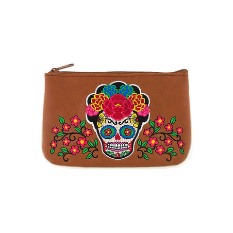 Online shopping for LAVISHY  Mexican artist Frida style sugar skull with corolla Flower embroidered vegan small pouch/coin purse that is Eco-friendly, ethically made, cruelty free. Great for everyday use or a gift for your family & friends. Wholesale at www.lavishy.com to gift shops, fashion accessories & clothing boutiques worldwide since 2001.