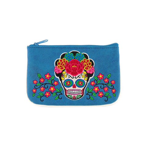 Online shopping for LAVISHY  Mexican artist Frida style sugar skull with corolla Flower embroidered vegan small pouch/coin purse that is Eco-friendly, ethically made, cruelty free. Great for everyday use or a gift for your family & friends. Wholesale at www.lavishy.com to gift shops, fashion accessories & clothing boutiques worldwide since 2001.