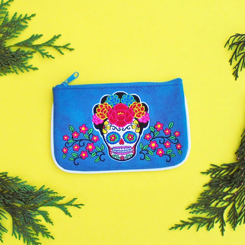 Online shopping for LAVISHY  Mexican artist Frida style sugar skull with corolla Flower embroidered vegan small pouch/coin purse that is Eco-friendly, ethically made, cruelty free. Great for everyday use or a gift for your family & friends. Wholesale at www.lavishy.com to gift shops, fashion accessories & clothing boutiques worldwide since 2001.
