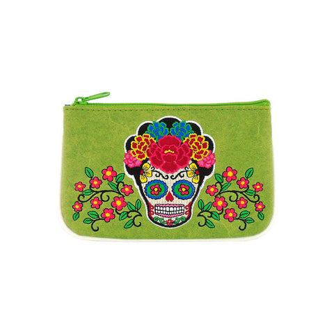 Online shopping for LAVISHY  Mexican artist Frida style sugar skull with corolla Flower embroidered vegan small pouch/coin purse that is Eco-friendly, ethically made, cruelty free. Great for everyday use or a gift for your family & friends. Wholesale at www.lavishy.com to gift shops, fashion accessories & clothing boutiques worldwide since 2001.