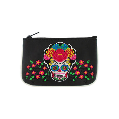Online shopping for LAVISHY  Mexican artist Frida style sugar skull with corolla Flower embroidered vegan small pouch/coin purse that is Eco-friendly, ethically made, cruelty free. Great for everyday use or a gift for your family & friends. Wholesale at www.lavishy.com to gift shops, fashion accessories & clothing boutiques worldwide since 2001.