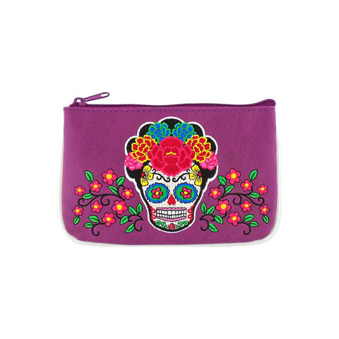 Online shopping for LAVISHY  Mexican artist Frida style sugar skull with corolla Flower embroidered vegan small pouch/coin purse that is Eco-friendly, ethically made, cruelty free. Great for everyday use or a gift for your family & friends. Wholesale at www.lavishy.com to gift shops, fashion accessories & clothing boutiques worldwide since 2001.