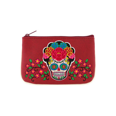 Online shopping for LAVISHY  Mexican artist Frida style sugar skull with corolla Flower embroidered vegan small pouch/coin purse that is Eco-friendly, ethically made, cruelty free. Great for everyday use or a gift for your family & friends. Wholesale at www.lavishy.com to gift shops, fashion accessories & clothing boutiques worldwide since 2001.