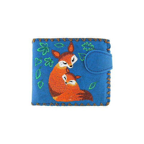 LAVISHY Eco-friendly fox mama & baby fox embracing under green leaf embroidered vegan bifold medium wallet for women. This blue wallet is great for everyday use, lovely gift idea for family & friends especially for people who love animal. Best mother's day gift. Online shopping at LAVISHY BOUTIQUE. Wholesale at www.lavishy.com