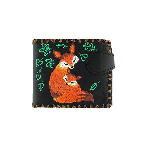 LAVISHY Eco-friendly fox mama & baby fox embracing under green leaf embroidered vegan large flat wallet for women. This black wallet is great for everyday use, lovely gift idea for family & friends especially for people who love animal. Best mother's day gift. Online shopping at LAVISHY BOUTIQUE. Wholesale at www.lavishy.com