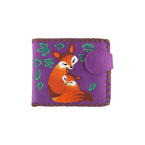 LAVISHY Eco-friendly fox mama & baby fox embracing under green leaf embroidered vegan bifold medium wallet for women. This purple wallet is great for everyday use, lovely gift idea for family & friends especially for people who love animal. Best mother's day gift. Online shopping at LAVISHY BOUTIQUE. Wholesale at www.lavishy.com