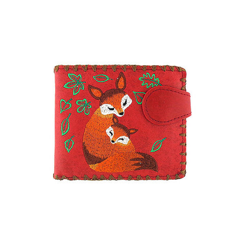 LAVISHY Eco-friendly fox mama & baby fox embracing under green leaf embroidered vegan bifold medium wallet for women. This red wallet is great for everyday use, lovely gift idea for family & friends especially for people who love animal. Best mother's day gift. Online shopping at LAVISHY BOUTIQUE. Wholesale at www.lavishy.com