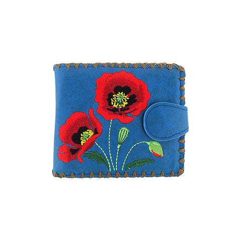 LAVISHY Eco-friendly poppy flower embroidered vegan bifold medium wallet for women. This blue wallet is great for everyday use, lovely gift idea for family & friends especially for people who love Ukraine. Online shopping at LAVISHY BOUTIQUE. Wholesale at www.lavishy.com