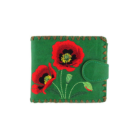 LAVISHY Eco-friendly poppy flower embroidered vegan bifold medium wallet for women. This green wallet is great for everyday use, lovely gift idea for family & friends especially for people who love Ukraine. Online shopping at LAVISHY BOUTIQUE. Wholesale at www.lavishy.com